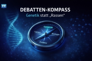 Blog-Header mit modernem Kompass, der auf „Genetik“ zeigt, vor dunkelblauem Hintergrund mit DNA-Helix und dem Titel „Debatten-Kompass: Genetik statt ‚Rassen‘“.