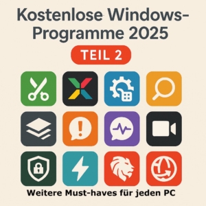 Beitragsbild zur Übersicht kostenloser Windows-Programme 2025 mit stilisierten Icons und Titelgrafik