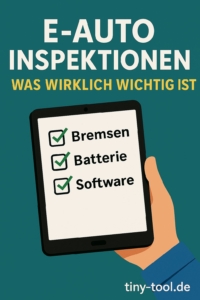Checkliste für E-Auto-Inspektionen auf einem Tablet mit abgehakten Punkten für Bremsen, Batterie und Software