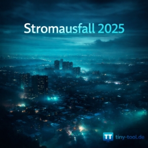 Symbolbild einer Stadt bei Nacht während eines großflächigen Stromausfalls – dunkle Skyline mit vereinzelten Lichtinseln und dezentem bläulichem Glow.