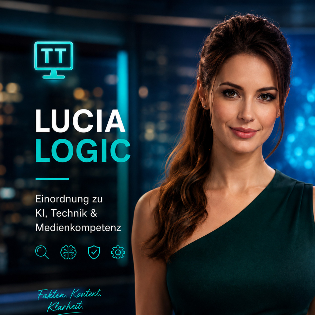 Lucia Logic in einem modernen futuristischen Studio mit blau-türkisen Lichtakzenten. Die digitale Persona der tiny-tool.de Redaktion trägt ein elegantes dunkles Kleid und steht vor einer stilisierten Technik- und Medienkulisse mit Branding-Elementen.