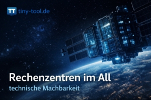 Futuristisches Rechenzentrum im Orbit mit großen Solarpaneelen über der Erde, blau leuchtende Servermodule im All – Beitragsbild zu „Rechenzentren im All – technische Machbarkeit“ von tiny-tool.de.