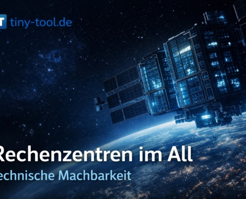Futuristisches Rechenzentrum im Orbit mit großen Solarpaneelen über der Erde, blau leuchtende Servermodule im All – Beitragsbild zu „Rechenzentren im All – technische Machbarkeit“ von tiny-tool.de.