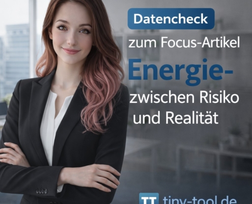Lucia im Business-Look vor modernem Bürohintergrund mit dem Titel „Datencheck zum Focus-Artikel – Energie zwischen Risiko und Realität“ und tiny-tool.de Logo.
