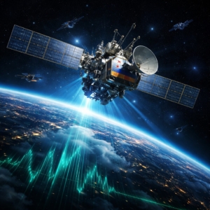 Russischer Satellit in geostationärer Umlaufbahn über der Erde, mit großen Solarpaneelen und Antenne, die Signale in Richtung Erdoberfläche ausrichten.
