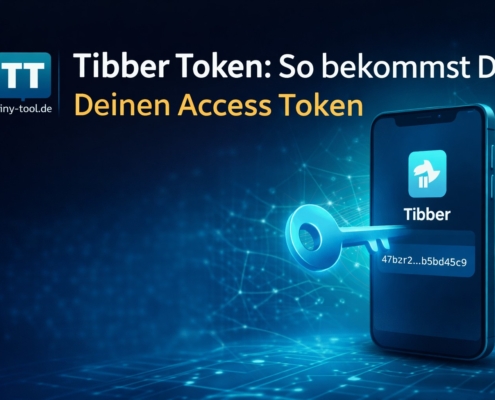 Tibber Access Token auf Smartphone mit Schlüssel-Symbol vor digitalem Netzwerk-Hintergrund und tiny-tool.de Logo