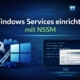Beitragsbild mit Titel „Windows Services einrichten mit NSSM“, Windows-Logo mit Zahnrad und Schraubenschlüssel sowie Monitor mit NSSM-Konfigurationsfenster und tiny-tool.de-Branding.