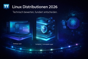 Abstrakte Architektur-Visualisierung zu Linux Distributionen 2026 mit Desktop-, Immutable- und KI-Layer in dunklem Cyan-Blau-Design im tiny-tool.de Branding