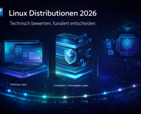Abstrakte Architektur-Visualisierung zu Linux Distributionen 2026 mit Desktop-, Immutable- und KI-Layer in dunklem Cyan-Blau-Design im tiny-tool.de Branding
