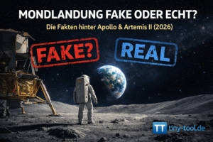 Astronaut auf der Mondoberfläche mit Blick auf die Erde, daneben Mondlander; darüber die Schrift „Mondlandung Fake oder echt?“ mit Stempeln „FAKE?“ und „REAL“ sowie tiny-tool.de Branding