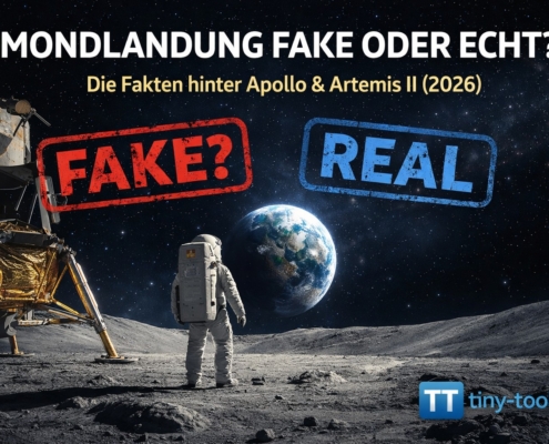 Astronaut auf der Mondoberfläche mit Blick auf die Erde, daneben Mondlander; darüber die Schrift „Mondlandung Fake oder echt?“ mit Stempeln „FAKE?“ und „REAL“ sowie tiny-tool.de Branding