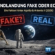 Astronaut auf der Mondoberfläche mit Blick auf die Erde, daneben Mondlander; darüber die Schrift „Mondlandung Fake oder echt?“ mit Stempeln „FAKE?“ und „REAL“ sowie tiny-tool.de Branding