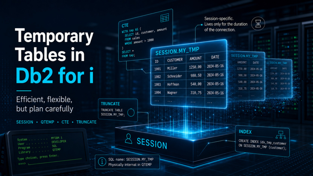 Futuristic infographic about temporary tables in Db2 for i with SESSION, QTEMP, CTE, TRUNCATE, and index examples.