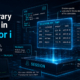 Futuristic infographic about temporary tables in Db2 for i with SESSION, QTEMP, CTE, TRUNCATE, and index examples.