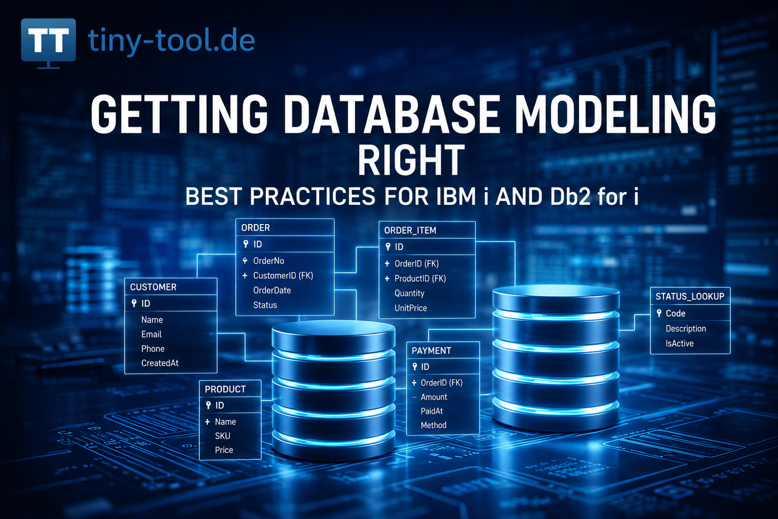 Futuristic database modeling banner with glowing database icons, ER diagrams, IBM i and Db2 for i best-practice theme, and tiny-tool.de branding.