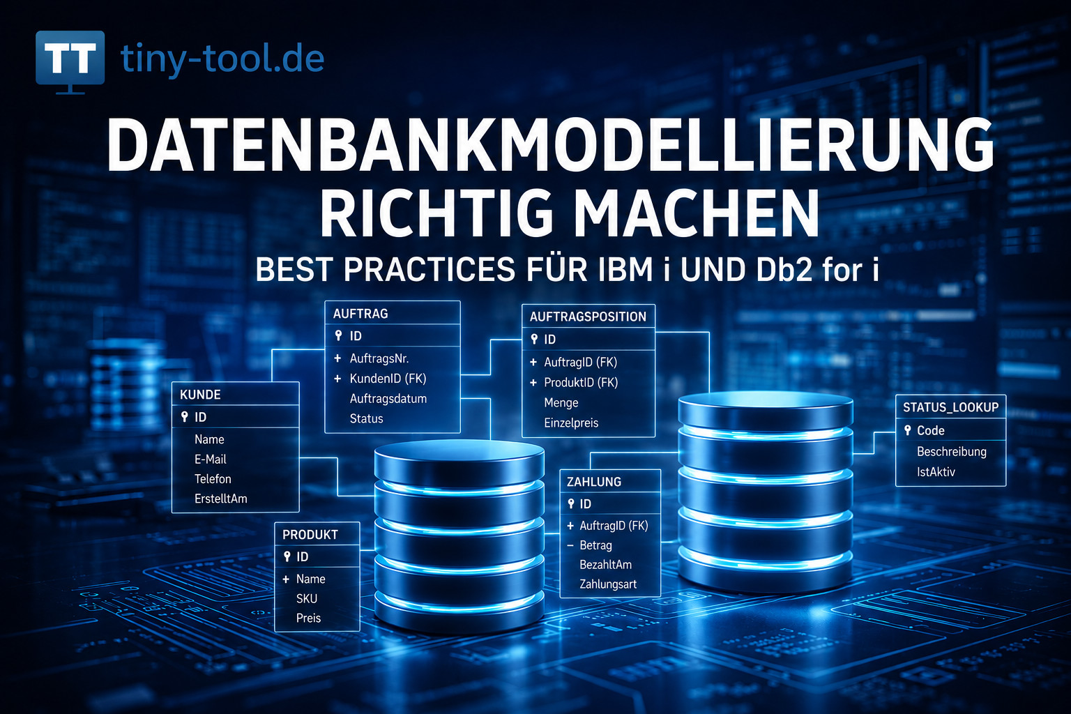 Futuristisches Titelbild zur Datenbankmodellierung mit leuchtenden Datenbank-Symbolen, ER-Diagrammen, IBM-i- und Db2-for-i-Bezug sowie tiny-tool.de-Branding.