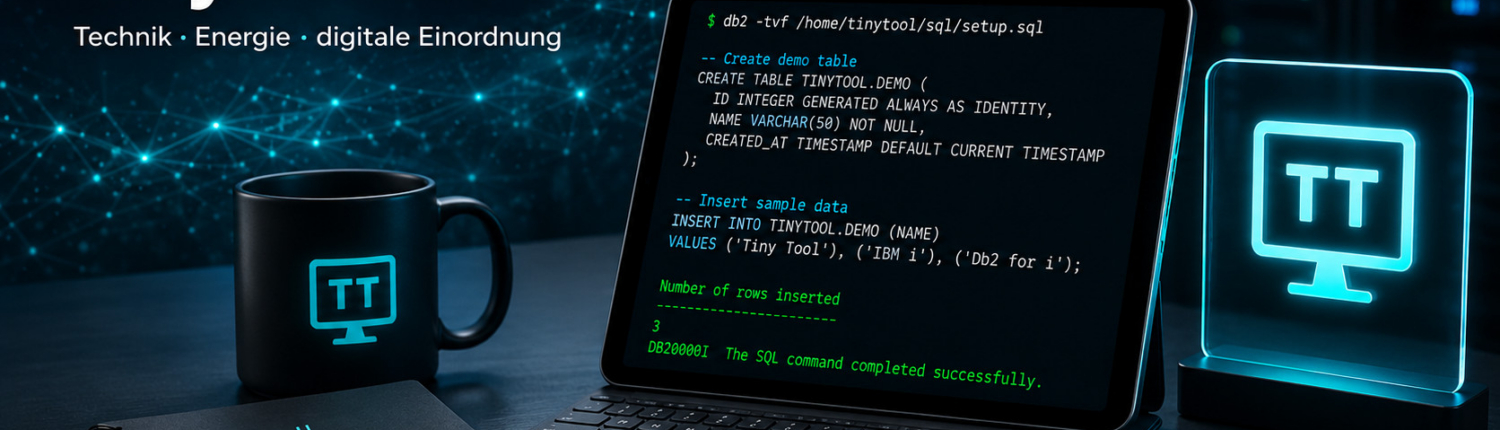Futuristic tiny-tool.de blog image with a tablet showing SQL code, Db2 and QShell context, a glowing TT logo, dark tech setup, and cyan branding.