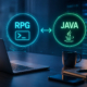 Modern tech image with a laptop, desk setup, and glowing RPG and Java holograms symbolizing software development on IBM i.