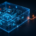 Abstract cybersecurity illustration with a luminous process structure and a technical security boundary.