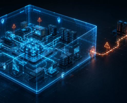 Abstract cybersecurity illustration with a luminous process structure and a technical security boundary.