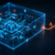 Abstract cybersecurity illustration with a luminous process structure and a technical security boundary.
