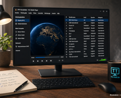 Moderner Desktop-Arbeitsplatz mit geöffnetem VLC Media Player, internationaler IPTV-Senderliste und tiny-tool.de-Logo auf einer schwarzen Kaffeetasse.