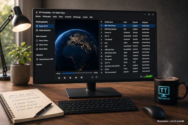 Moderner Desktop-Arbeitsplatz mit geöffnetem VLC Media Player, internationaler IPTV-Senderliste und tiny-tool.de-Logo auf einer schwarzen Kaffeetasse.