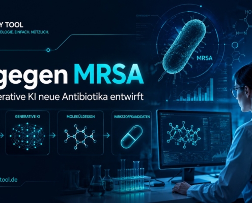 Illustration einer KI-gestützten Antibiotikaforschung: Eine Wissenschaftlerin analysiert am Computer neue Wirkstoffkandidaten gegen MRSA. Im Vordergrund sind Molekülstrukturen, Datenvisualisierungen und eine stilisierte Bakterienzelle zu sehen. Das Branding von tiny-tool.de sowie die Überschrift „KI gegen MRSA“ sind integriert.