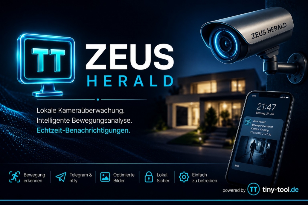 Zeus Herald Hero-Bild: Überwachungskamera, modernes Haus bei Nacht und Smartphone mit Bewegungsmeldung über Telegram und ntfy