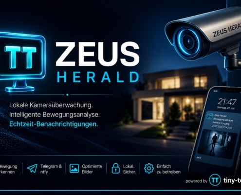 Zeus Herald Hero-Bild: Überwachungskamera, modernes Haus bei Nacht und Smartphone mit Bewegungsmeldung über Telegram und ntfy