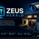Zeus Herald Hero-Bild: Überwachungskamera, modernes Haus bei Nacht und Smartphone mit Bewegungsmeldung über Telegram und ntfy