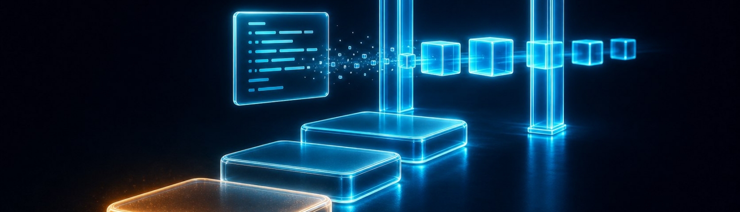 Leuchtende Glasstufen führen von einer Codekarte zu einem Portal, in dem Quellcode in Bytecode-Bausteine übergeht.