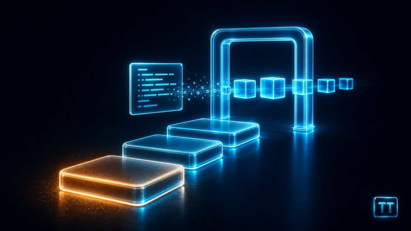 Leuchtende Glasstufen führen von einer Codekarte zu einem Portal, in dem Quellcode in Bytecode-Bausteine übergeht.