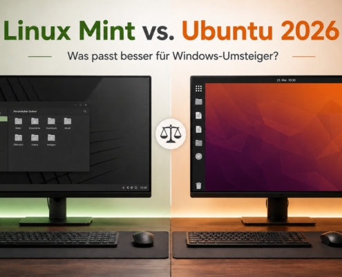 Vergleich von Linux Mint und Ubuntu 2026: links ein Monitor mit klassischem dunklem Cinnamon-Desktop und Startmenü, rechts ein Monitor mit orangefarbenem Ubuntu-Hintergrund und Dock.