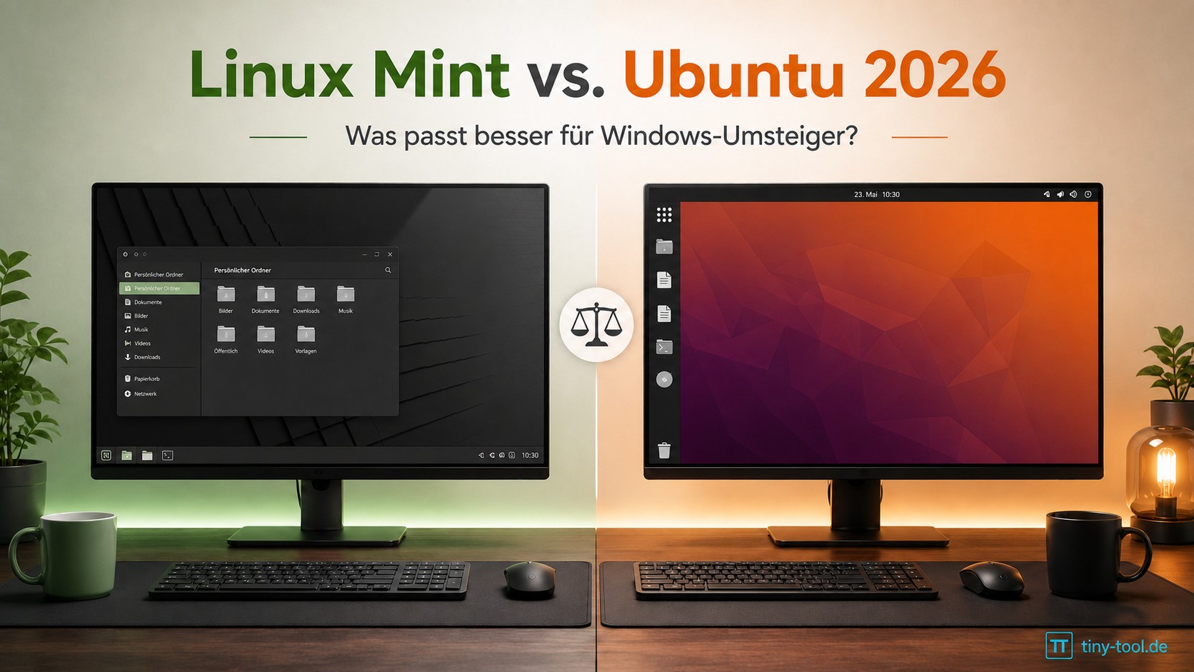 Vergleich von Linux Mint und Ubuntu 2026 auf zwei Monitoren mit klassischem Mint-Desktop links und Ubuntu-Desktop rechts