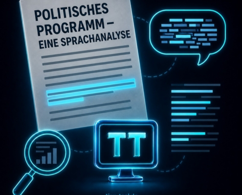 Politisches Programm mit markierten Textstellen, Sprechblase und Lupe zur Sprachanalyse