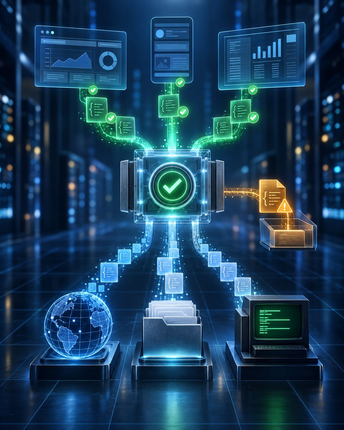 KI-generierte Illustration: Zentrale Validierung prüft API-Daten, Dateien und Legacy-Schnittstellen gegen Schemas