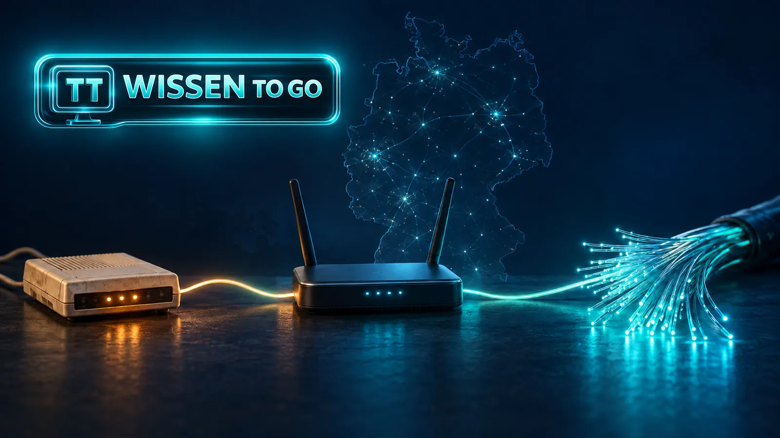 Modem, Router und Glasfasern vor einer Deutschlandkarte; oben links das tiny-tool-Label „Wissen to Go“